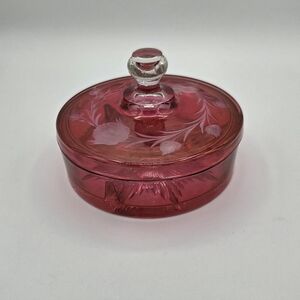 Vintage Cranberry Ruby Red Glass 3 Section Candy Dish & Lid + Etched Flowers